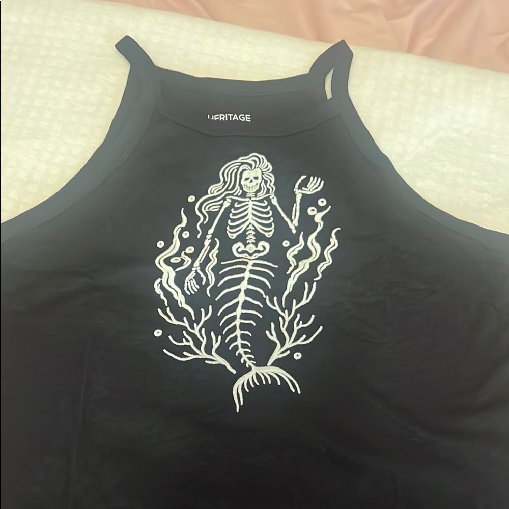 Torrid Black Tank Top with White Skeleton Mermaid Design